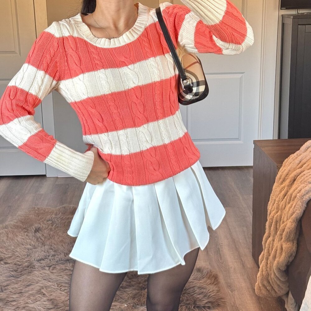 J Crew Striped Cable Knit Sweater Coral White Preppy Coquette Coastal Y2K Size S